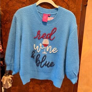 NWT QUEEN OF SPARKLES Blue Sweater with Red and White Design